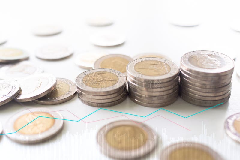 Stack Coin Money Pile Cash with graph Business Stock Market Finance Investment Bank Invest Inflation Fund Economy Marketing Trade royalty free stock photo