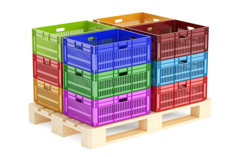 Stack colored plastic crates on the wooden pallet, 3D rendering vector illustration