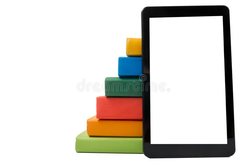 Stack of Colorful Books and Electronic Book Reader. Electronic Library Concept. Back To School
