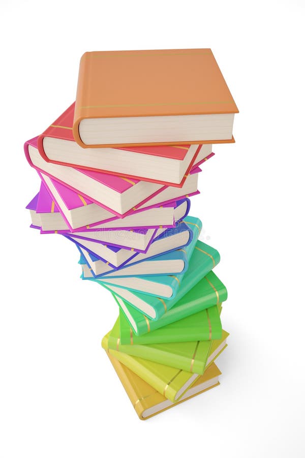 Stack of colorful books on white background.3D illustration