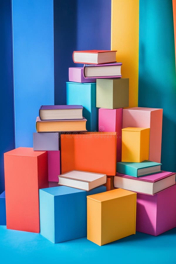 A stack of colorful boxes with books on top of them. The boxes are arranged in a way that they look like a building. The books are vector illustration