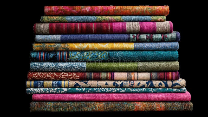 Stack of colorful carpets with various designs on transparent background vector illustration