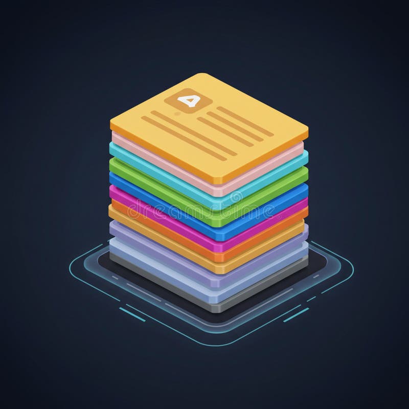 A stack of colorful, isometric, square digital documents or cards is arranged above a vector illustration