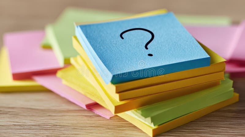 The stack of colorful sticky notes with a question mark for creative brainstorming. image royalty free stock photo.