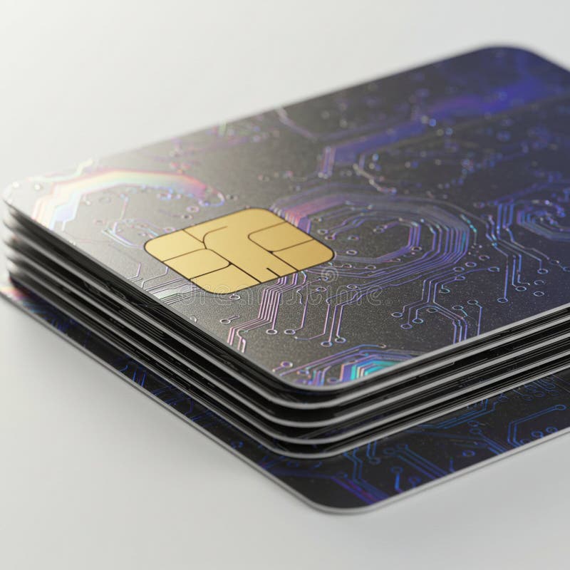 A stack of credit cards with a metallic finish and intricate circuit patterns in iridescent vector illustration
