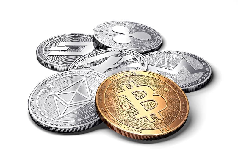 Stack of cryptocurrencies: bitcoin, ethereum, litecoin, monero, dash, and ripple coin together, isolated on white, 3D rendering