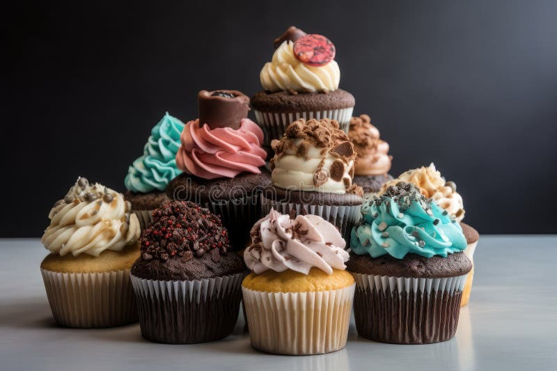 Stack of Cupcakes, with Each One Having Unique Design and Flavor Stock Illustration