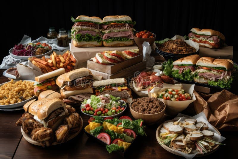 Stack of Deli Sandwiches and Wraps with Variety of Fillings, Side