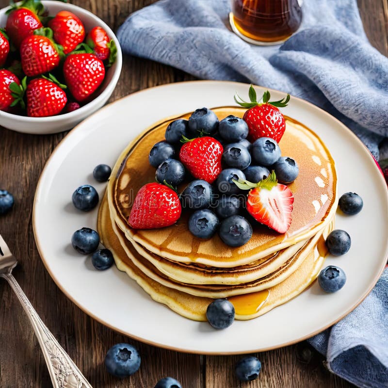 Stack delicious pancakes on plate. Generative AI stock illustration