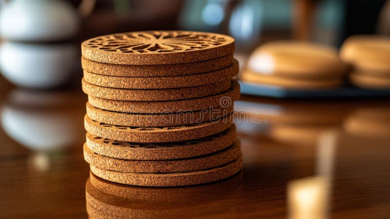 Stack di congegni di sughero su un tavolo di legno in un ambiente accogliente. immagini stock libere da diritti