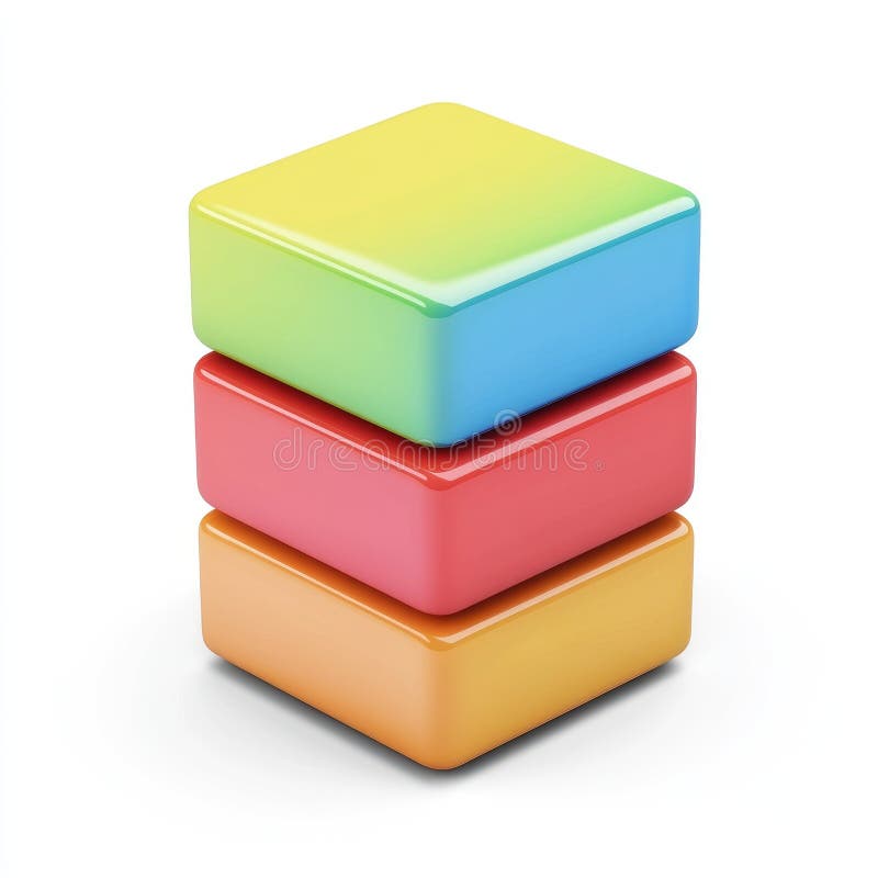 Stack di tre cubi luminosi colorati 3D Render illustrazione vettoriale