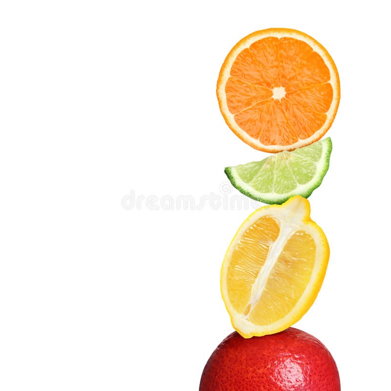 Stack of Different Fresh Citrus Fruits on White Background Stock Image