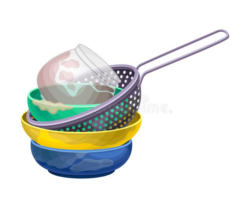 Stack of Dirty Dishes and Utensils with Kettle and Frying Pan Vector
