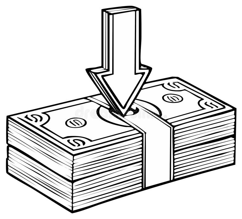 Stack of Dollar Bills with Downward Arrow Symbolizing Decrease. Cost price decrease vectors