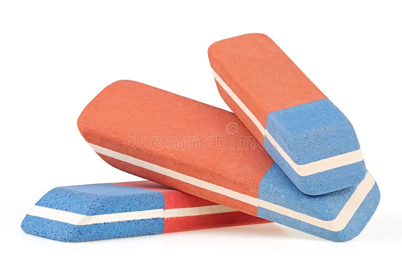 Stack of erasers isolated on white background. Group of three new erasers for ink and pencil stock photos