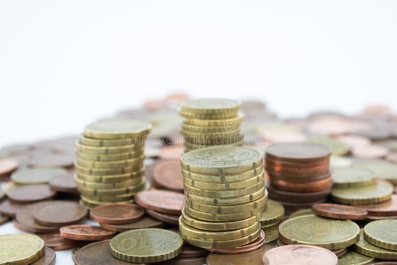 Stack of euro cents coins of different value on white background. Economy stock photos Stack of euro cents coins of different value on white background. Economy stock photos