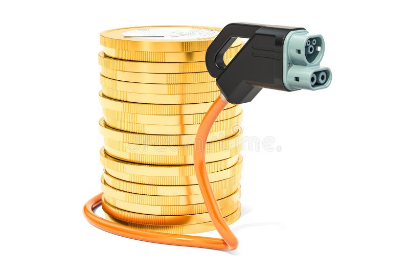 Stack of euro coins with electric car charging plug, 3D rendering vector illustration