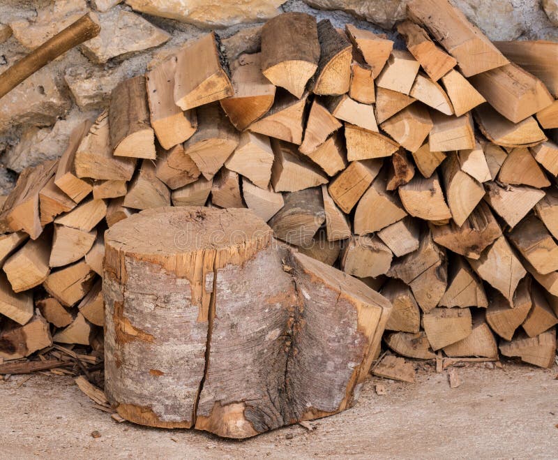 Stack of Firewood Against Stone Wall of Farmhouse Stock Image Image