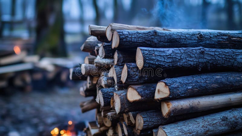 Stack of firewood logs burning in the forest during winter evening royalty free stock images