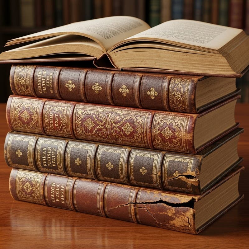A stack of five antique leather-bound books rests on a wooden table. Four are stacked stock illustration