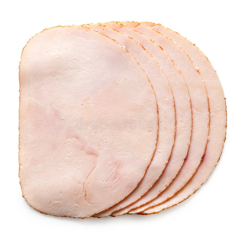 A stack of five slices of chicken ham isolated on white. Top view