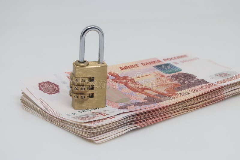 Stack of Five Thousand Ruble Banknotes and Padlock, Financial Security