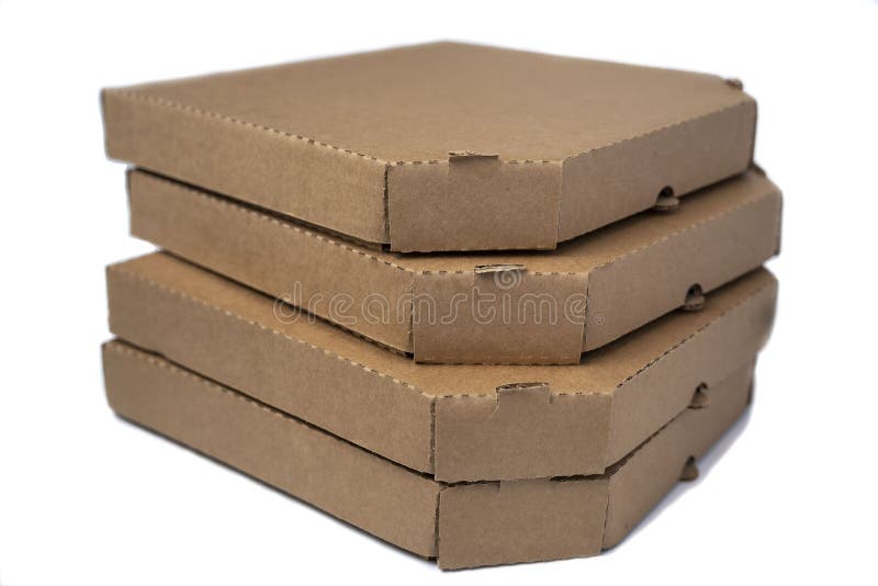 Stack flat brown cardboard pizza boxes isolated on a white background stock photos