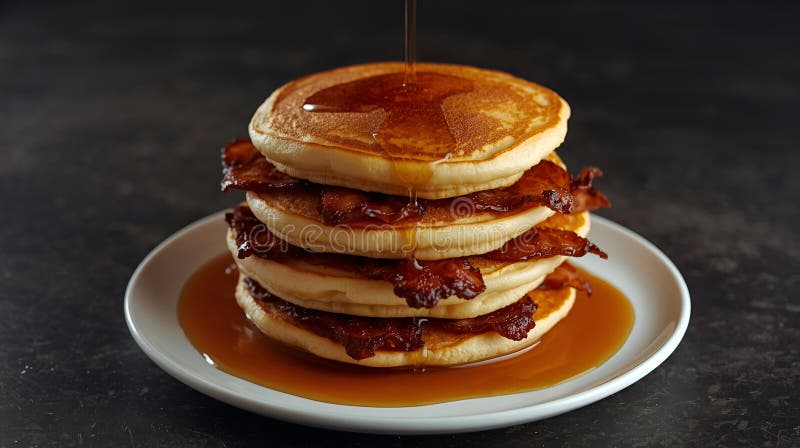 Stack of Fluffy Pancakes with Crispy Bacon and Syrup on White Plate. royalty free illustration