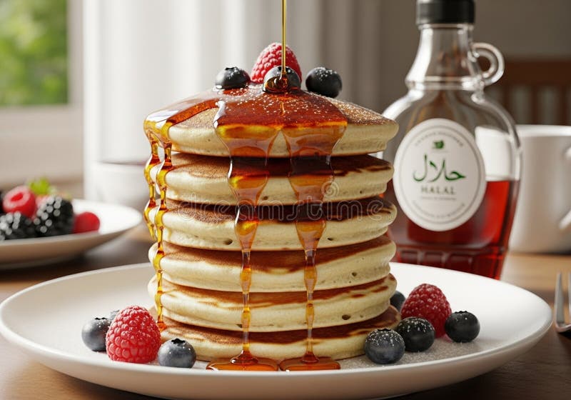 A stack of fluffy pancakes drenched in syrup sits on a white plate, surrounded by fresh raspberries stock illustration