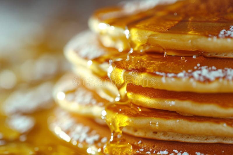 Stack of Fluffy Pancakes Drizzled with Maple Syrup or Honey. Closeup