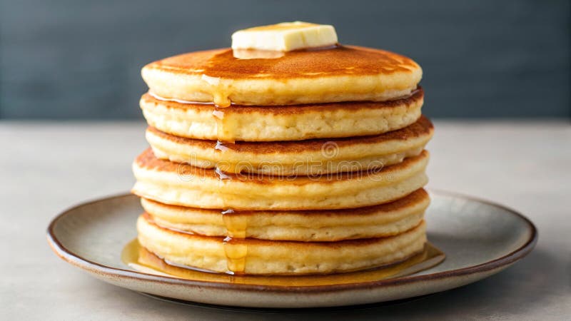 A stack of fluffy pancakes sits on a ceramic plate royalty free illustration
