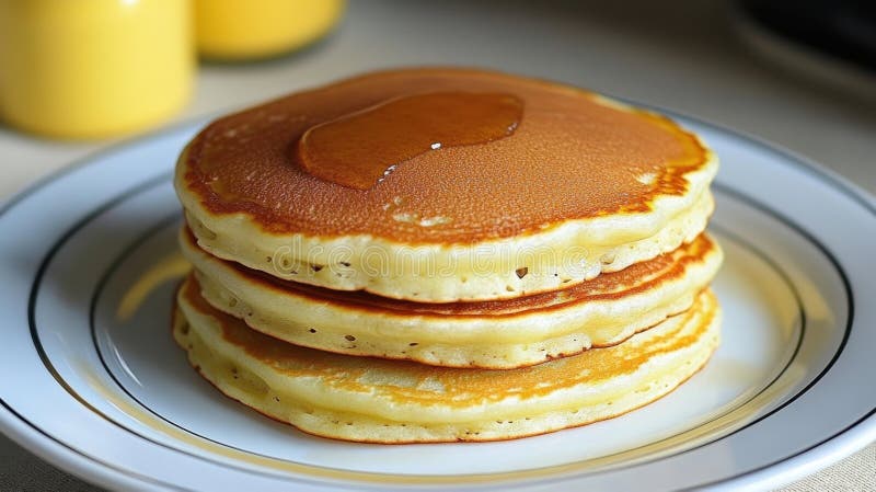 Stack of fluffy pancakes with syrup on a white plate ready for breakfast stock illustration