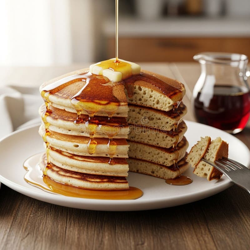 A stack of fluffy pancakes on a white plate is topped with a pat vector illustration