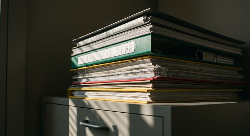 Stack of Folders with Documents on Cabinet with Sunlight and Shadow ...