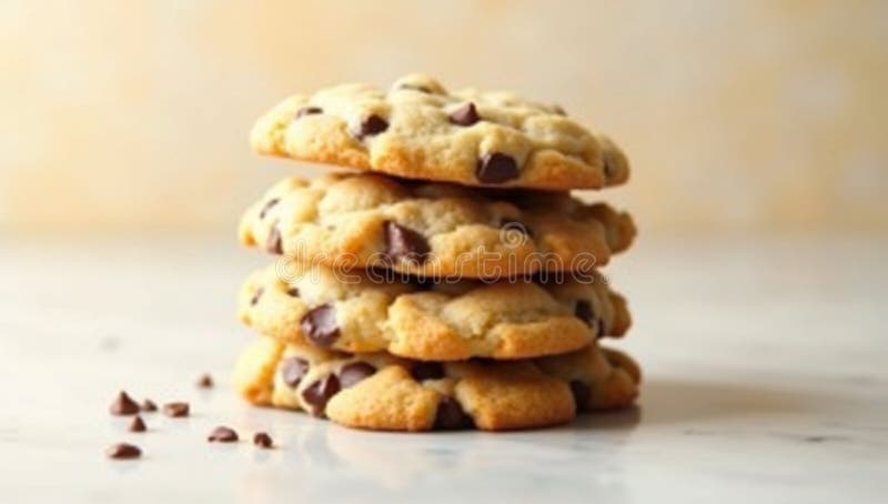 A stack of four chocolate chip cookies on a white surface with a blurred light brown background vector illustration