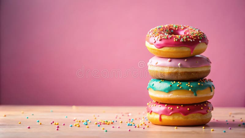 A stack of four colorful donuts with sprinkles on a wooden surface against a pink background. Generative AI royalty free illustration