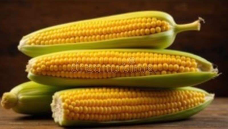 A stack of four ears of corn with green husks and yellow kernels on a wooden surface in soft lighting royalty free illustration