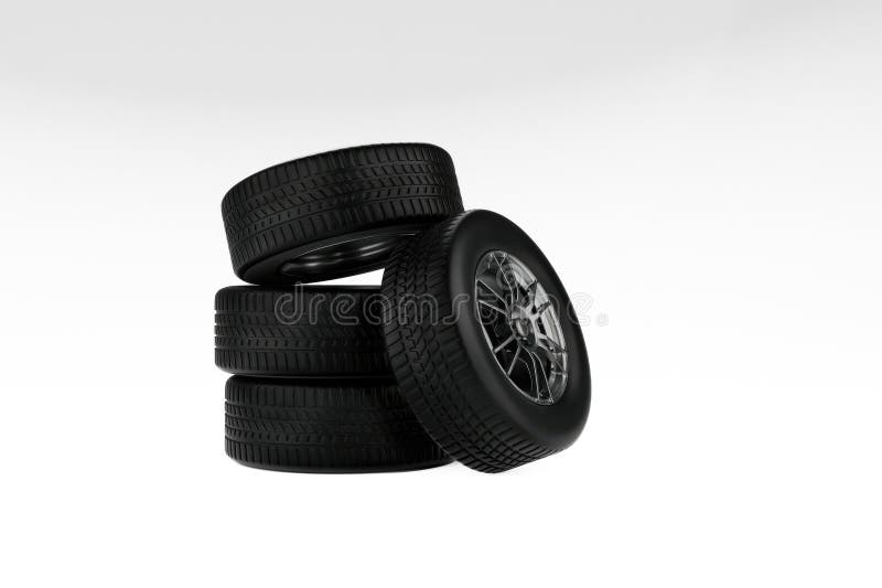 Stack of four glossy black automotive tires or wheels. Stack vehicle illustrations