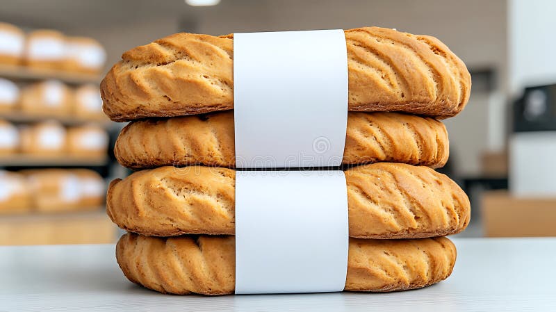 Stack of Four Golden Cookies Wrapped with White Label in Bakery Setting vector illustration