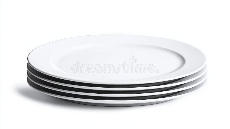 Stack of Four White Round Plates on White Background. Stack of four white round plates with subtle texture, isolated on white background. Simple, clean design, suitable for various uses AI generative