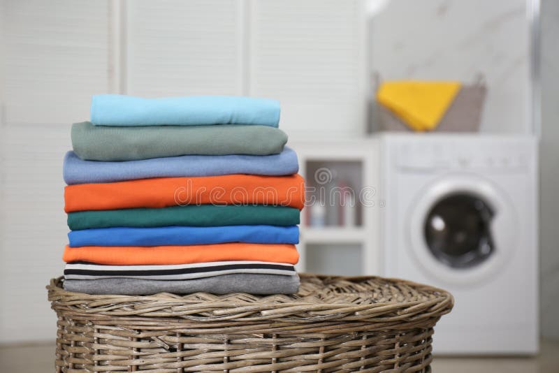 Stack of Fresh Laundry on Basket in Bathroom Stock Image Image of