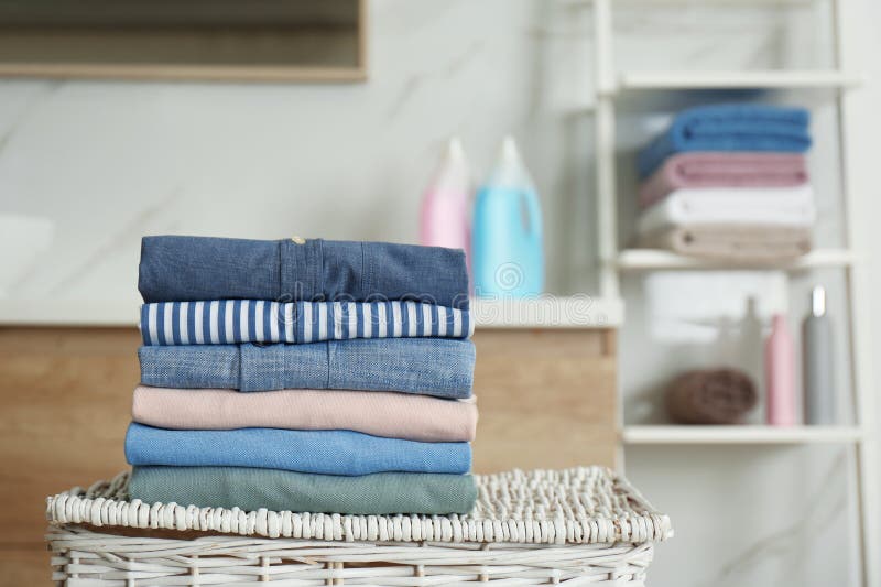 Stack of Fresh Laundry on Basket in Bathroom Stock Image Image of