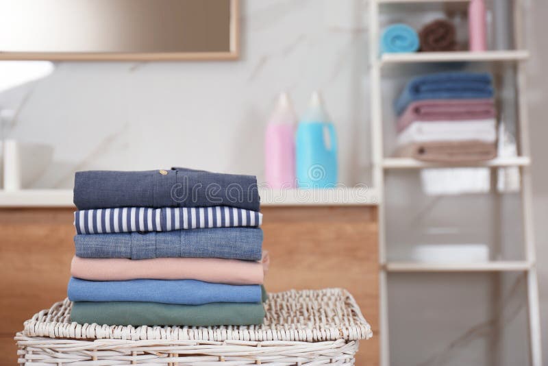 Stack of Fresh Laundry on Basket in Bathroom Stock Photo Image of