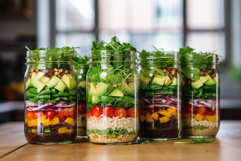 A Stack of Fresh Salads in Clear Glass Jars Stock Illustration