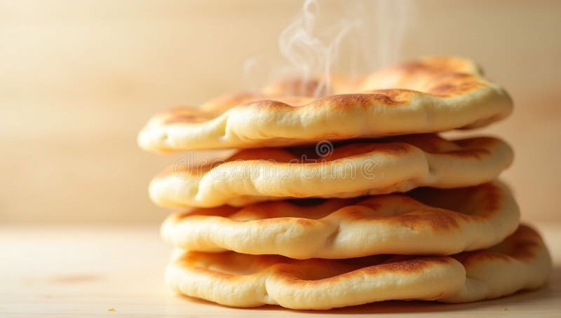 A stack of freshly baked flatbreads with steam rising on a wooden surface in a warm light setting stock illustration