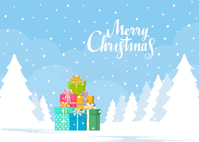 Stack of gift boxes on winter landscape background. Christmas concept. Vector illustration in flat style royalty free illustration