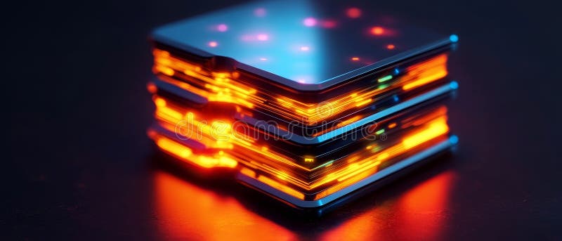 A stack of glowing, futuristic data blocks illuminates in vibrant orange and blue hues, suggesting advanced technology and stock images