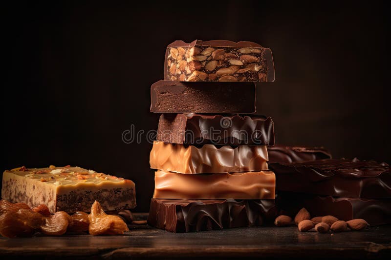 Stack of Gourmet Chocolate Bars, Each with Different Flavor and Texture