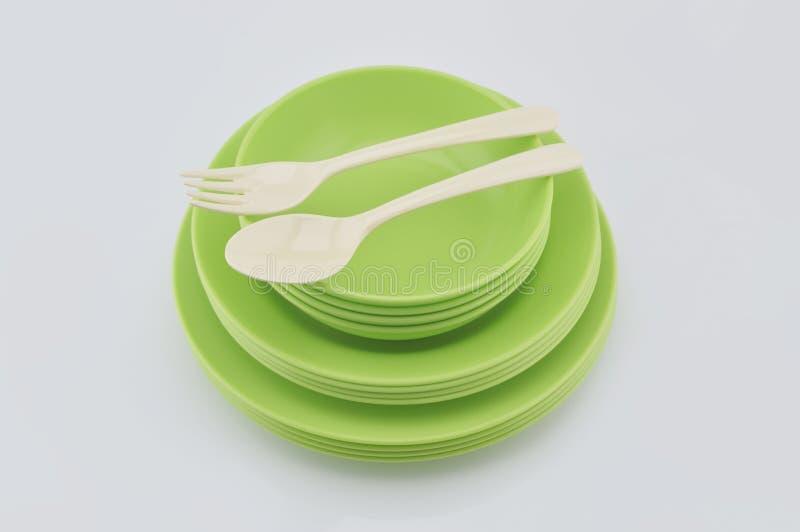 Stack Green Plastic Plate Dish Spoon Whi Stock Photos Free & Royalty