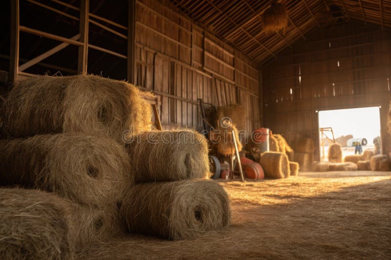 a stack of hay bales in a barn, with farm tools in the background